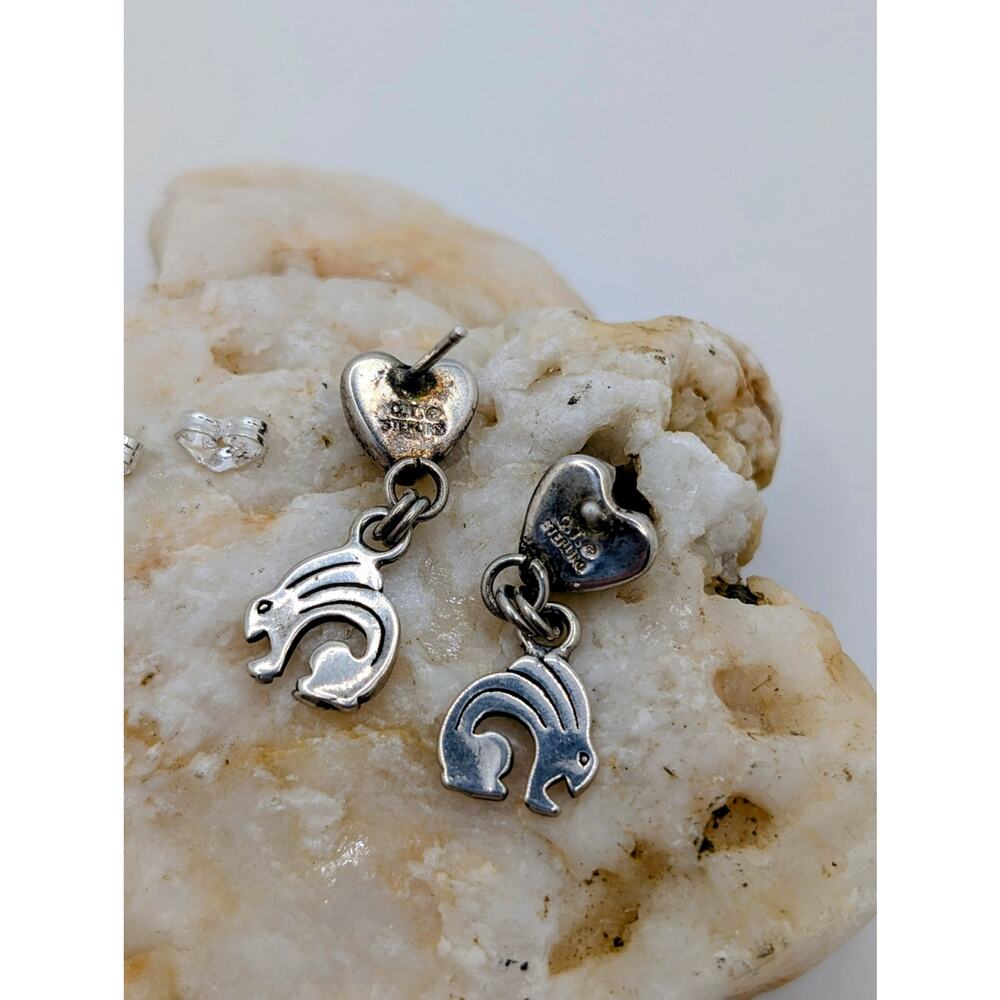 Rare NA Rabbit Totem and Blk Onyx Heart SS Earrings signed QT Quac Turquoise Inc - Picture 6 of 7